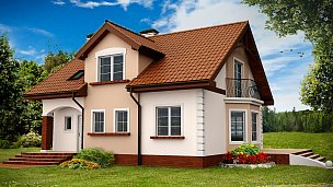 Projekt hiše z izrabljeno -bivalno mansardo, frčado, erkerjem in stransko teraso
