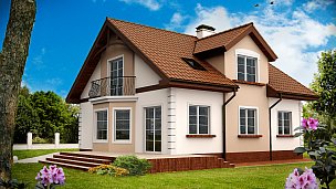 Projekt hiše z izrabljeno -bivalno mansardo, frčado, erkerjem in stransko teraso
