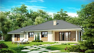 Projekt lepe in funkcionalne pritlične hiše z veliko dnevno sobo in dvojno garažo.