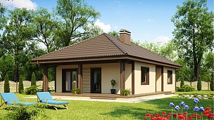 Načrt manjše, prijetne hiše z lepo teraso in dvema sobama. Idealna kot vikend hiša.