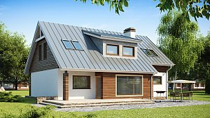 Tipski projekt kompaktne, funkcionalne hiše, z garažo za en avto in bivalno mansardo