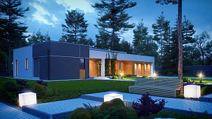 Privlačen načrt moderne hiše z ravno streho, z dvojno garažo