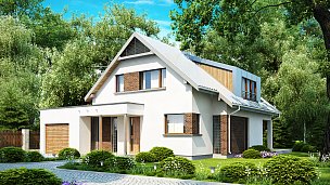 Tipski načrt manjše hiše, z bivalno mansardo, frčado in garažo s prednje strani