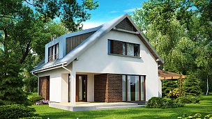 Tipski načrt manjše hiše, z bivalno mansardo, frčado in garažo s prednje strani