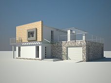 Moderen načrt hiše z ravno oz. enokapno streho, teraso v nadstropju in dvojno garažo