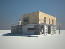 Moderen načrt hiše z ravno oz. enokapno streho, teraso v nadstropju in dvojno garažo