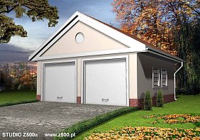         Projekt Garażu dwustanowiskowego, przekrytego dachem dwuspadowym.
Budynek zaprojektowano w stulu dworkowym. W ścianie bocznej przewidziano luksfery.