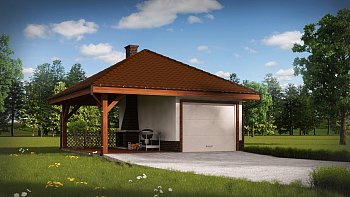              Projekt Garażu jednostanowiskowego, z altaną ogrodową i grillem. Budynek przekryto dachem kopertowym