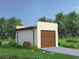 Projekt garażu GZ18 - jednostanowiskowy. Prosta bryła nie zaburzona żadnymi zbędnymi elementami, dach jednospadowy- te elementy wpływają na jednolitą formę garażu.