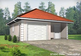         Projekt Garażu jednostanowiskowego, z dodatkowo wydzielonym pomieszczeniem gospodarczym posiadającym niezależne wejście. Budynek przekryty dachem kopertowym. Istnieje możliwość przesunięcia, likwidacji lub dodania okien w ścianach bocznych.