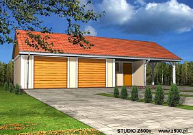        Projekt budynku garażowo / gospodarczego  z wiatą i  wydzielonym pomieszczeniem gospodarczym (posiadającym niezależne wejście). Budynek przekryty dachem dwuspadowym. Jako doświetlenie przewidziano luksfery,co pozwoli usytuować budynek w odległości 3m od granicy działki.