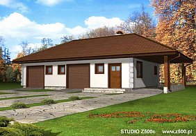      Projekt budynku Garażowo-gospodarczego, dwustanowiskowego z wiatą po prawej stronie, przekrytego dachem kopertowym. W budynku przewidziano oddzielne wejście do pomieszczenia gospodarczego od frontu.
