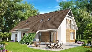 Z103. Načrt lepe, komfortne hiše z mansardo in lepo ter prostorno dnevno sobo 