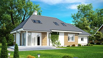 Projekt hiše z mansardo, tradicionalne oblike, s štirikapno streho in garažo