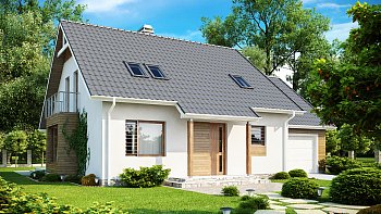 Tipski projekt hiše z bivalno mansardo, dodatno sobo v pritličju in garažo