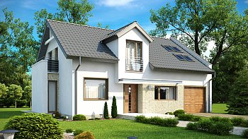 Z110. Projekt moderne hiše z bivalno mansardo, s frčado in garažo v okviru hiše