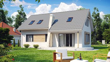 Projekt hiše z  mansardo, kabinetom v pritličju ter večjo kurilnico