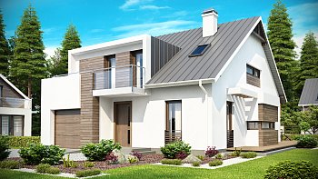 Tipski projekt moderne hiše, z bivalno mansardo, erkerjem, zanimivo frčado ter garažo