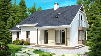 Načrt mansardne stanovanjske hiše, ugodne za gradnjo, z dvokapno streho ter garažo