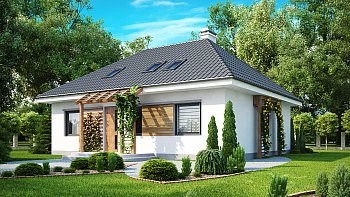 Tipski načrt lepe, majhne, elegantne hiše z mansardo in dvema sobama v pritličju