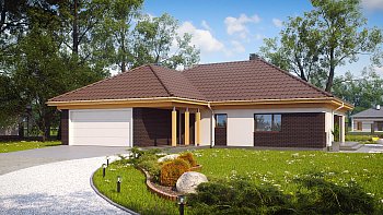 Tipski projekt pritlične, lepe, moderne hiše, z nadkrito teraso in garažo za dva avtomobila