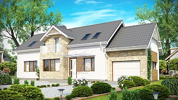 Funkcionalna mansardna hiša, z erkerjem in garažo, primerna tudi za ožje parcele.