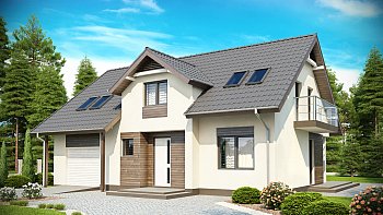 Tipski načrt mansardne hiše z dvokapno streho, frčado in balkonom ter garažo