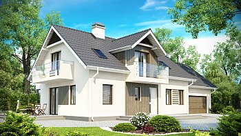 Načrt optimalne mansardne hiše, s kabinetom in garažo za dva avtomobila