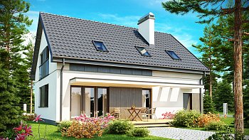 Moderen projekt družinske hiše z dvokapno streho in lepo teraso