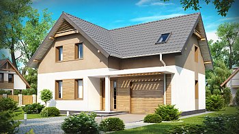 Načrt udobne in funkcionalne mansardne hiše z garažo in modernim dizajnom fasade