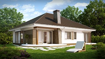 Projekt pritlične hiše, s štirikapno streho, lepim kabinetom in teraso
