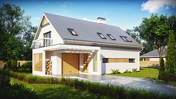 Projekt moderne hiše z bivalno mansardo in garažo v okviru hiše, z dvokapno streho