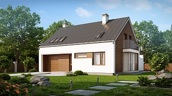 Tipski projekt moderne funkcionalne hiše, čistih linij, z garažo in erkerjem