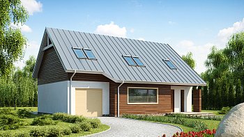 Tipski projekt kompaktne, funkcionalne hiše, z garažo za en avto in bivalno mansardo
