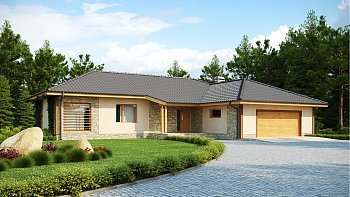 Načrt lepe pritlične hiše v obliki črke L, z garažo za dva avta s prednje strani