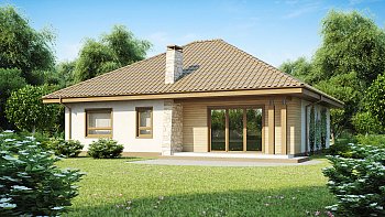 Z94. Projekt pritlične hiše s štirikapno streho in garažo s prednje strani za dva avta