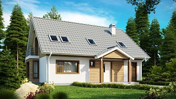 Hiša z dvokapno streho, ekonomična in enostavna za gradnjo, z interesantnim erkerjem
