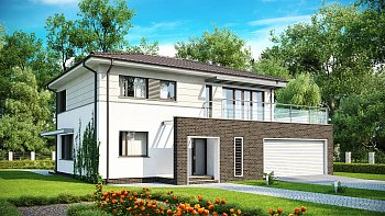 Zx26. Projekt moderne nadstropne vile, s teraso nad garažo in dodatno sobo v pritličju.