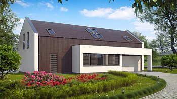 Zx48. Projekt hiše modernega dizajna, z bivalno mansardo in garažo za dva avta