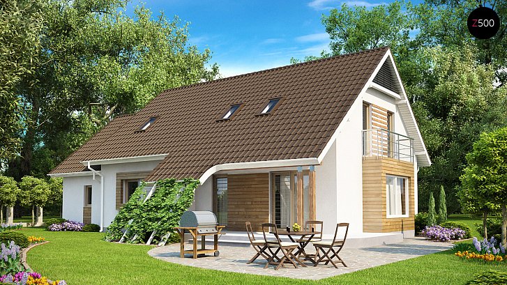 Z103. Načrt lepe, komfortne hiše z mansardo in lepo ter prostorno dnevno sobo 