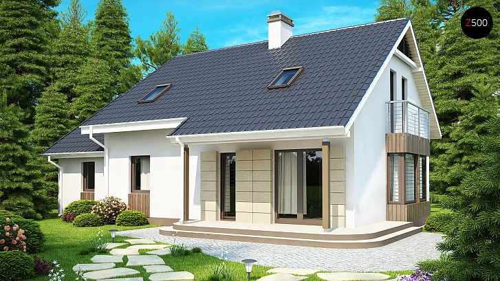 Z120. Načrt mansardne stanovanjske hiše, ugodne za gradnjo, z dvokapno streho ter garažo