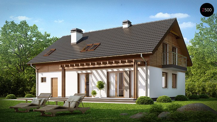 Z130. Projekt mansardne hiša z dodatno sobo v pritličju ter garažo v okviru zgradbe 