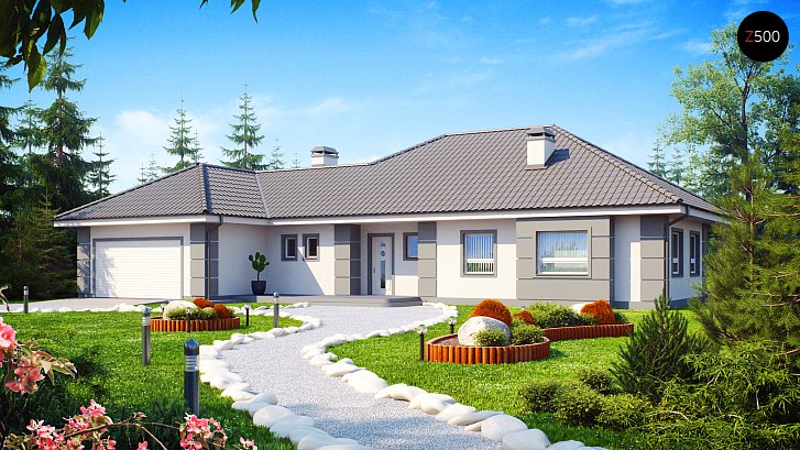 Z21. Projekt lepe, moderne in večje pritlične hiše z veliko dnevno sobo in večjo garažo.