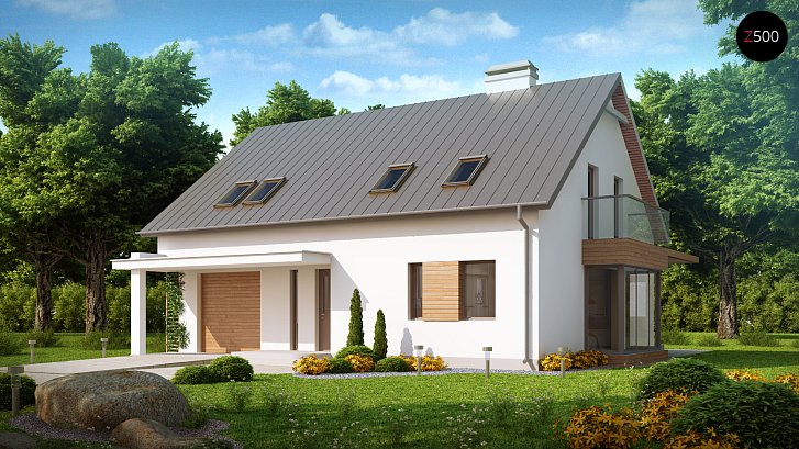Z234. Projekt hiše z dvokapno streho, lepo oblikovane, s tremi sobami in garažo za en avto