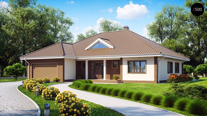 Z26. Projekt lepe, pritlične hiše z garažo za dva avtomobila, z vhodom z južne strani.