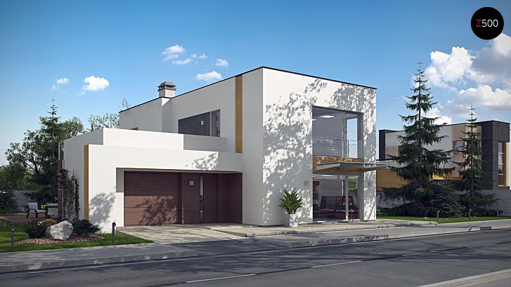 Zx64. Luksuzna hiša v modernem stilu, z ločenim lokalom v prednjem delu hiše.
