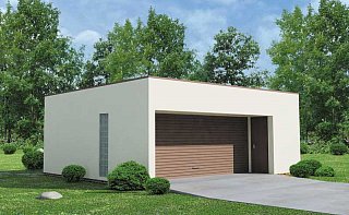                   Projekt Garażu dwustanowiskowego, z dodatkowo wydzieloną powierzchnią użytkową posiadającą niezależne wejście z przodu budynku. 