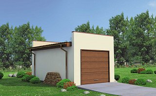 Projekt garażu GZ18 - jednostanowiskowy. Prosta bryła nie zaburzona żadnymi zbędnymi elementami, dach jednospadowy- te elementy wpływają na jednolitą formę garażu.