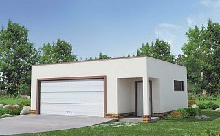 Współczesny projekt garażu dwustanowiskowego, z dodatkowo wydzieloną powierzchnią użytkową posiadającą niezależne wejście z przodu budynku. Niski kąt nachylenia dachu.