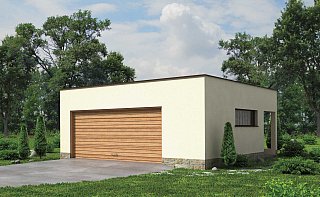    Projekt garażu dwustanowiskowego, z dodatkowo wydzieloną powierzchnią użytkową posiadającą niezależne wejście z tyłu budynku. Współczesna spójna bryła oszczędna w detal.